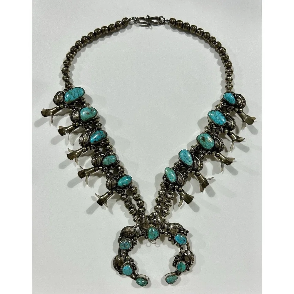 Wayne Etsitty Navajo Sterling Turquoise Squash Blossom Necklace Naja As Is